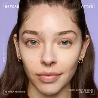 Before-and-after comparison of model wearing Wonder Snatch(TM) Concealer, showing brighter under-eyes and smoother-looking skin.