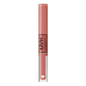 A closed container of Shine Loud High Shine Lip Gloss by NYX Cosmetics. The container has a matte pink / beige color otherwise known as Daring Damsel. 