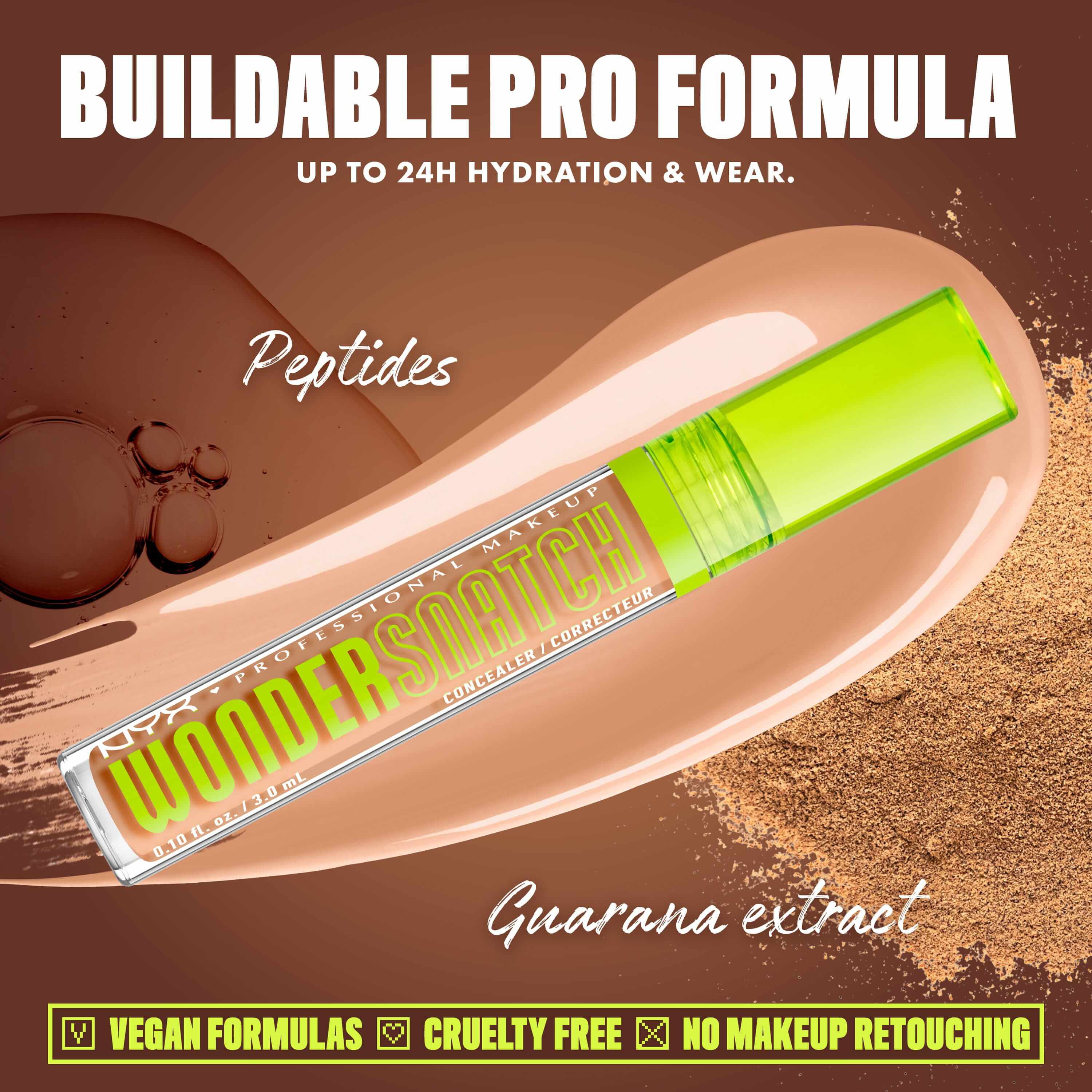 Wonder Snatch(TM) Concealer image with text: "Buildable Pro Formula. Up to 24H Hydration & Wear. Peptides. Guarana extract. Vegan Formulas. Cruelty Free. No Makeup Retouching."