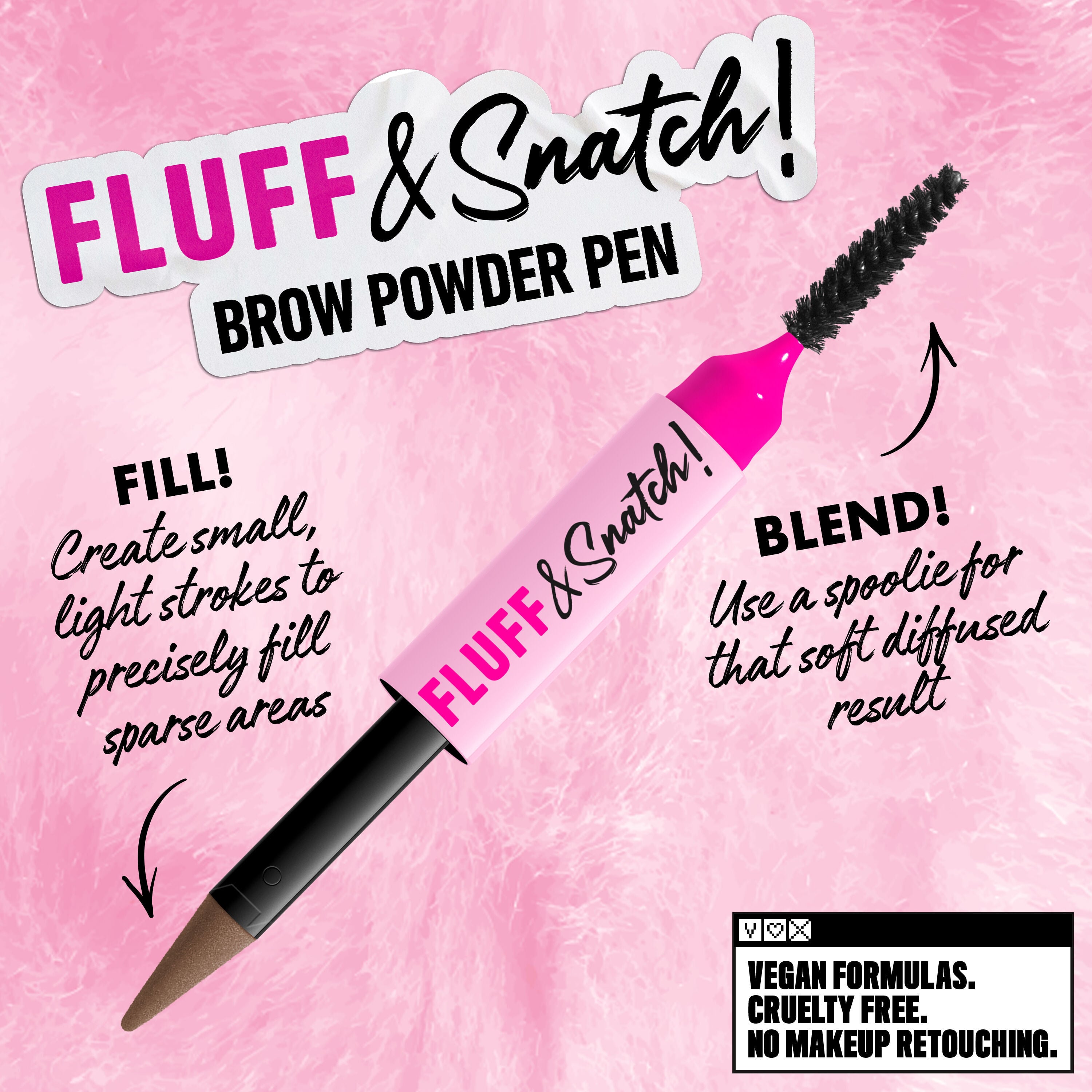 NYX Professional Makeup Fluff and Snatch Brow Powder Pen with fill and blend instructions, pink background in shade02 Taupe