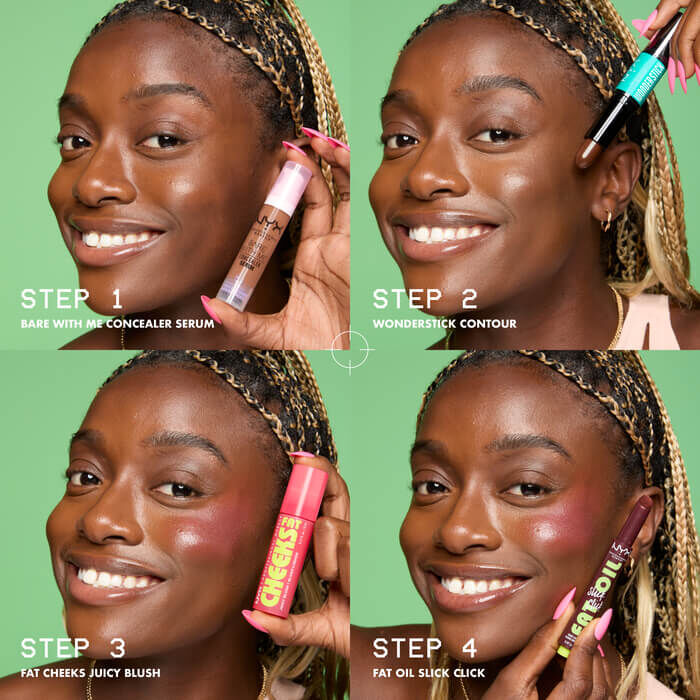 model showing 4 step makeup routine with Bare With Me Concealer, WonderStick, Fat Cheeks Blush, and Fat Oil Slick Click