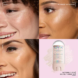 Three models of light, medium, and dark skin tones wearing NYX Buttermelt Stix in Big Melt Energy 01, showing dewy glow finish