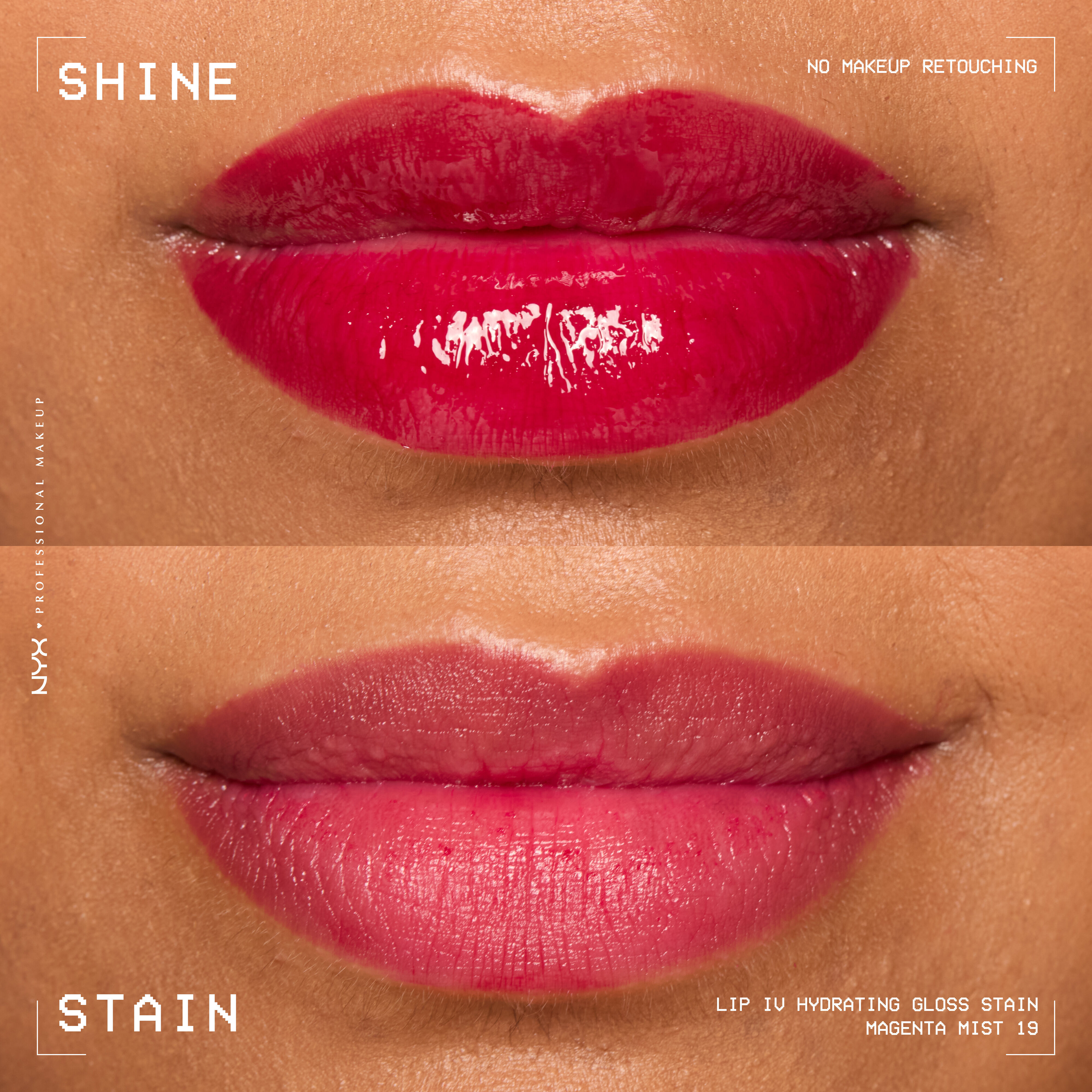 Comparison of lips when glossy from Lip I.V. Hydrating Lip Gloss Stain versus after staining labeled "Shine" and "Stain."