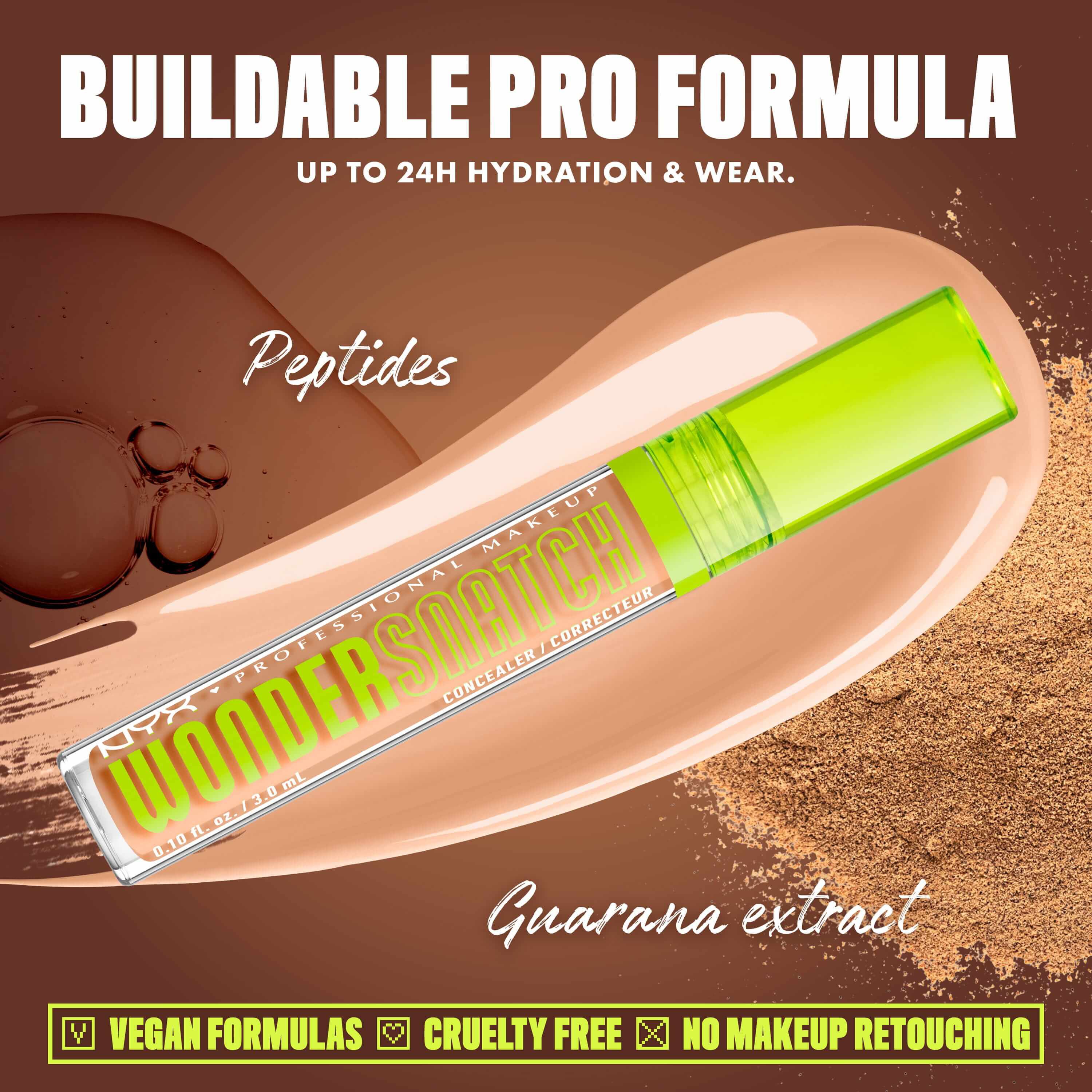 Wonder Snatch(TM) Concealer image with text: "Buildable Pro Formula. Up to 24H Hydration & Wear. Peptides. Guarana extract. Vegan Formulas. Cruelty Free. No Makeup Retouching."