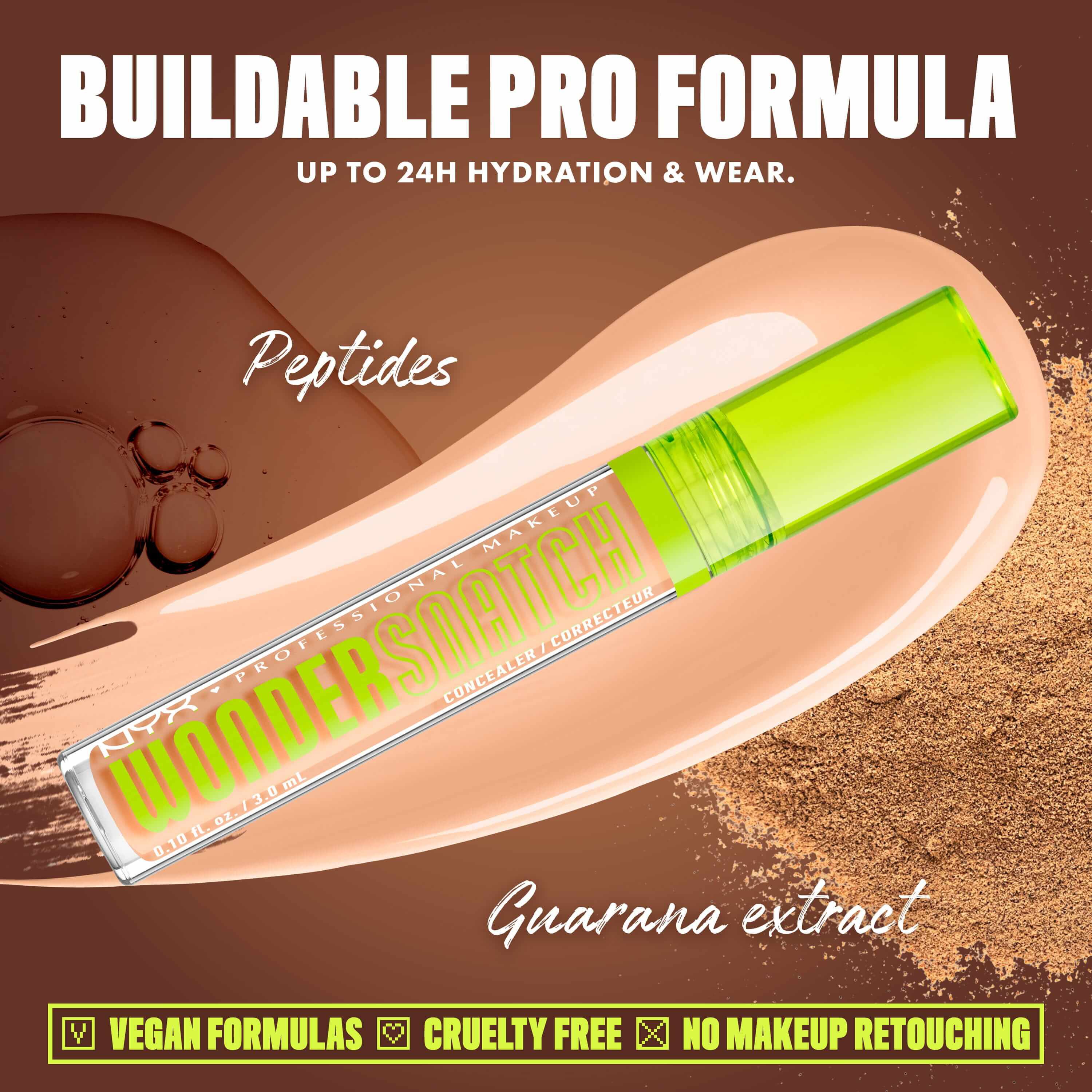 Wonder Snatch(TM) Concealer image with text: "Buildable Pro Formula. Up to 24H Hydration & Wear. Peptides. Guarana extract. Vegan Formulas. Cruelty Free. No Makeup Retouching."