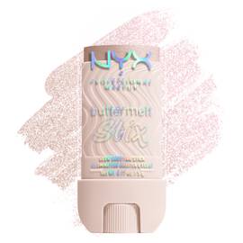 NYX Buttermelt Stix Glow Boosting Stick in shade Big Melt Energy, champagne shimmer swatch behind