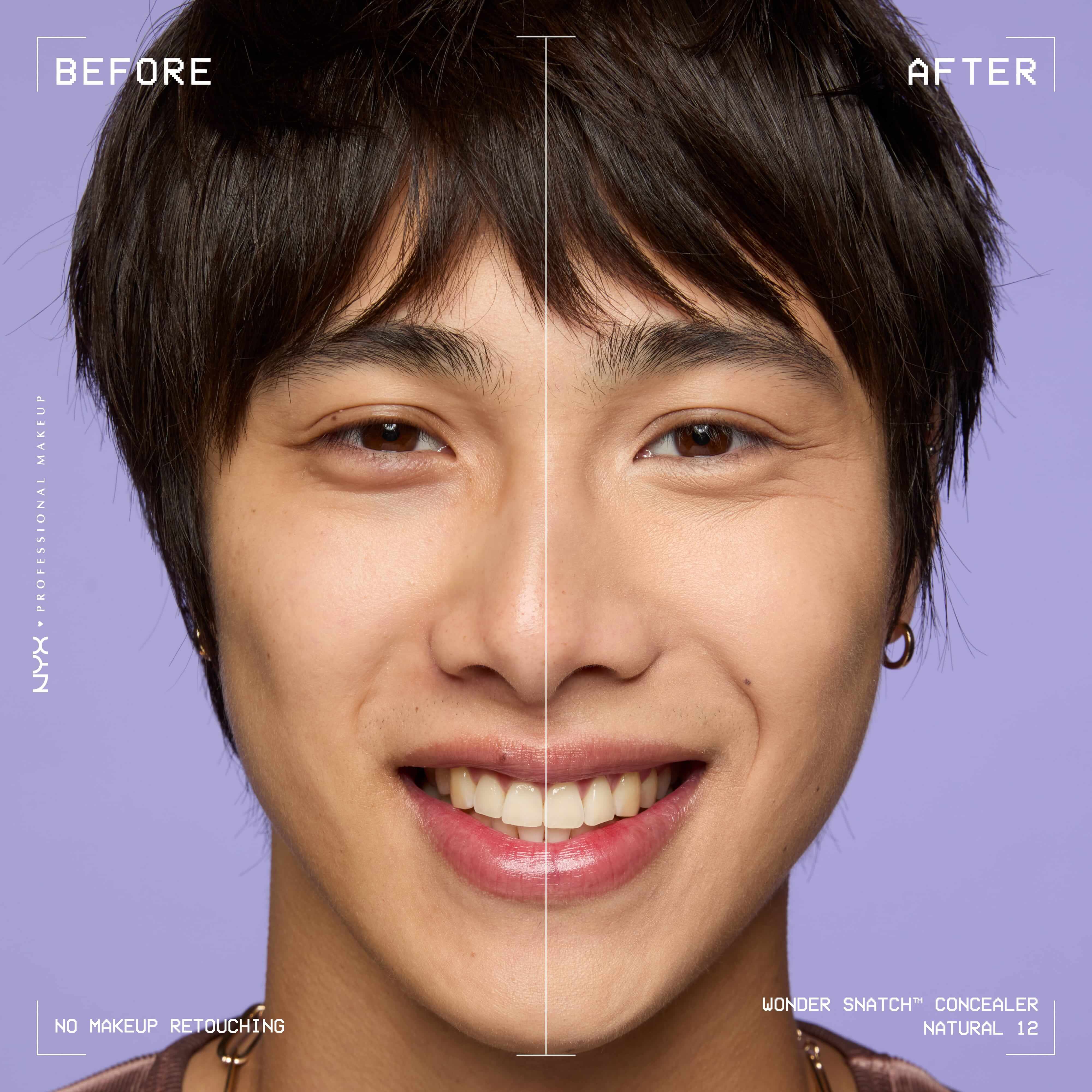 Before-and-after comparison of model wearing Wonder Snatch(TM) Concealer, showing brighter under-eyes and smoother-looking skin.