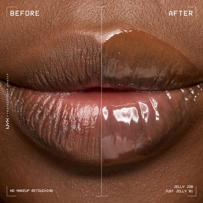 Lip macro showing a before and after close up of model wearing Jelly Job in shade 01 Just Jelly