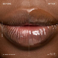 Lip macro showing a before and after close up of model wearing Jelly Job in shade 01 Just Jelly