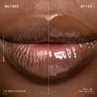 Lip macro showing a before and after close up of model wearing Jelly Job in shade 01 Just Jelly