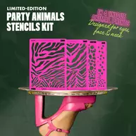 NYX Professional Makeup Party Animals Stencils Kit displayed open on a tray held by a model wearing a pink glove.