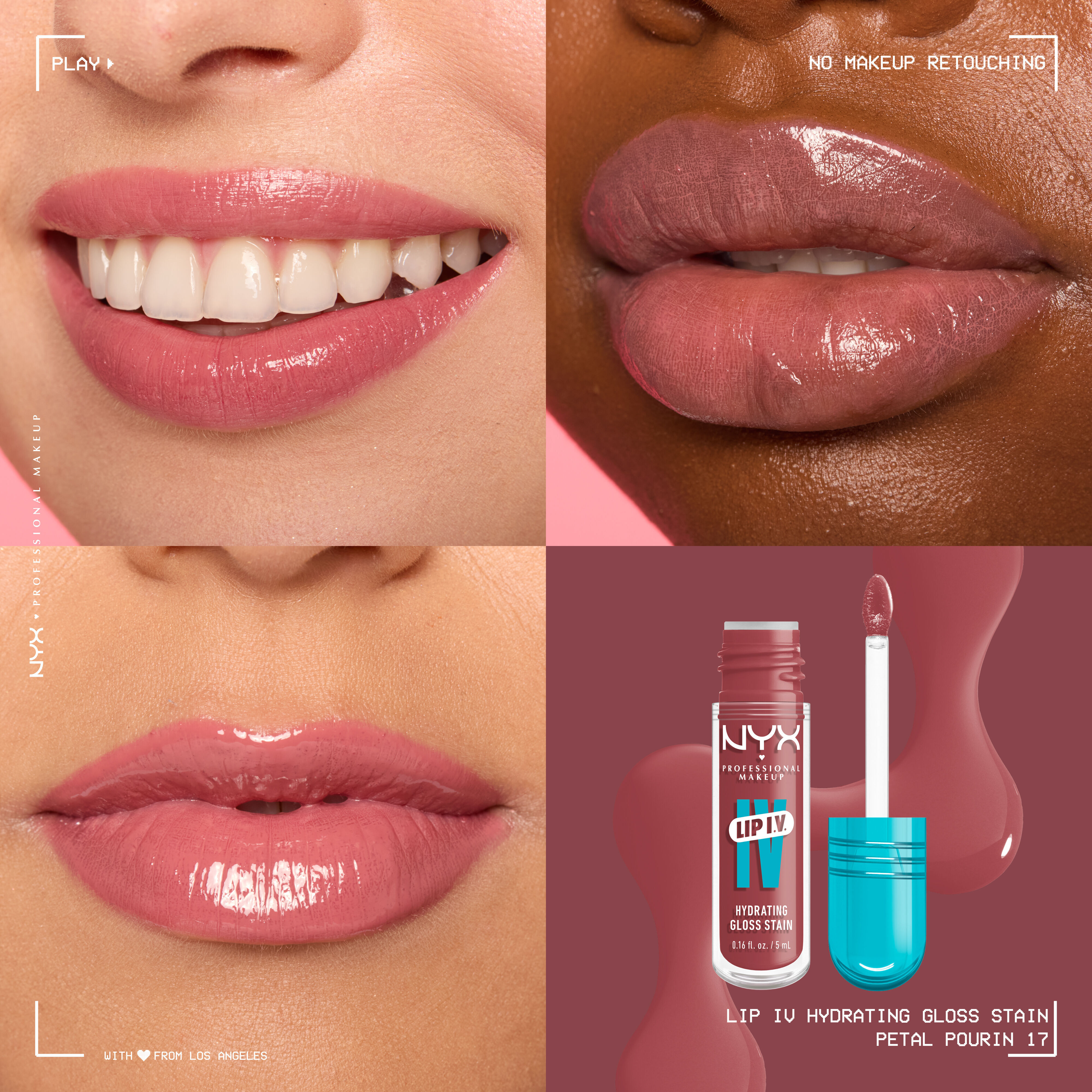 Lip I.V. Hydrating Lip Gloss Stain on three different skin tones.