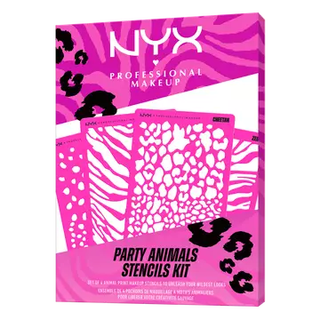 NYX Professional Makeup Party Animals Stencils Kit, closed pink package featuring animal-print stencil designs.
