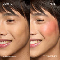 Model before and after applying Fat Cheeks liquid blush in shade Papaya Plump