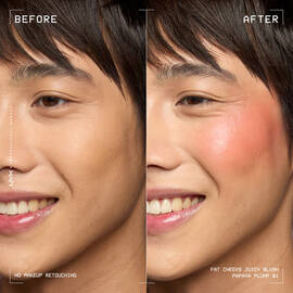 Model before and after applying Fat Cheeks liquid blush in shade Papaya Plump