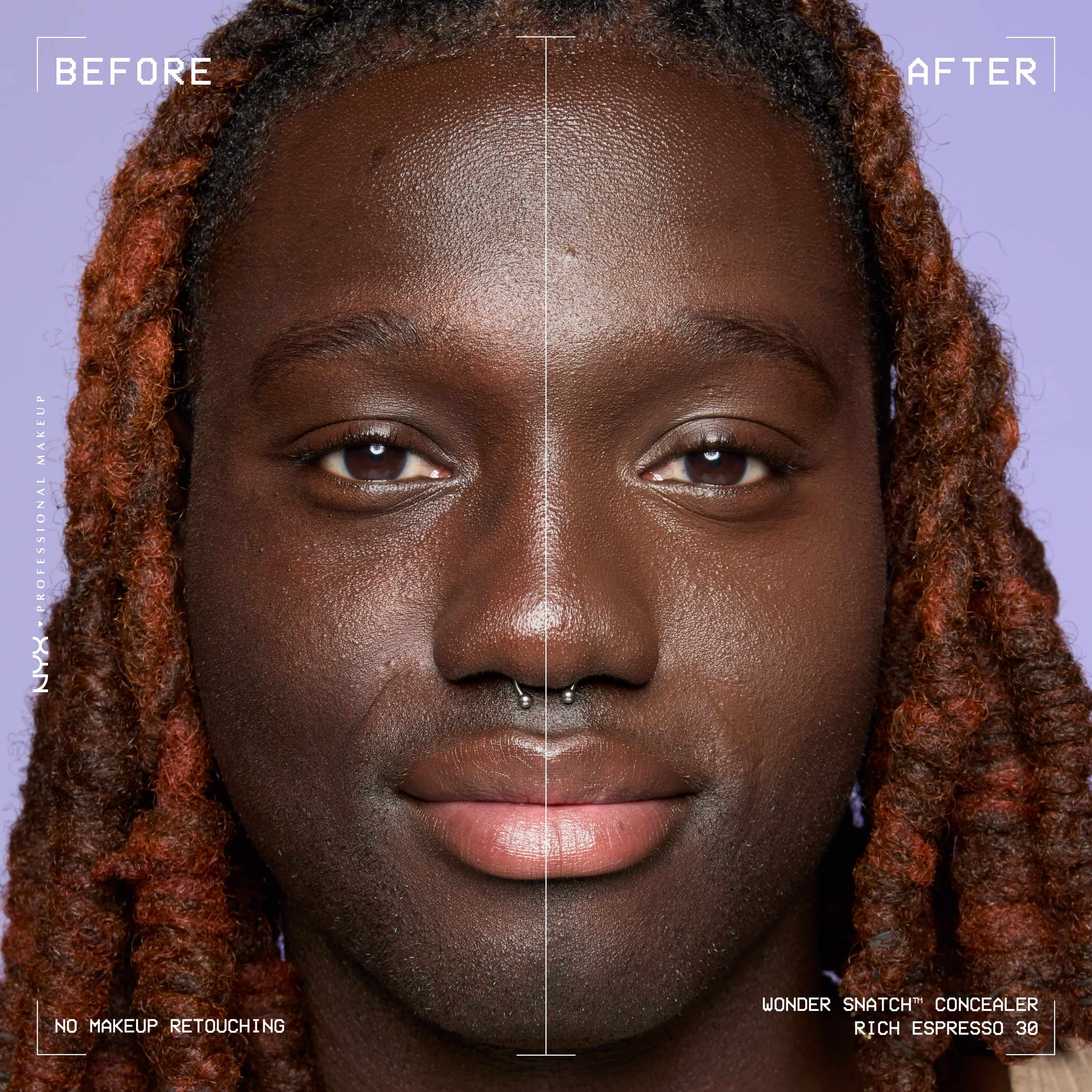 Before-and-after comparison of model wearing Wonder Snatch(TM) Concealer, showing brighter under-eyes and smoother-looking skin.