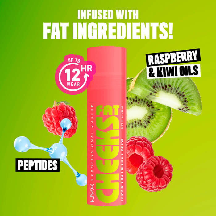 Fat Cheeks Juicy Blush with kiwis, raspberries, and artistic rendering of peptides to show hydrating ingredients