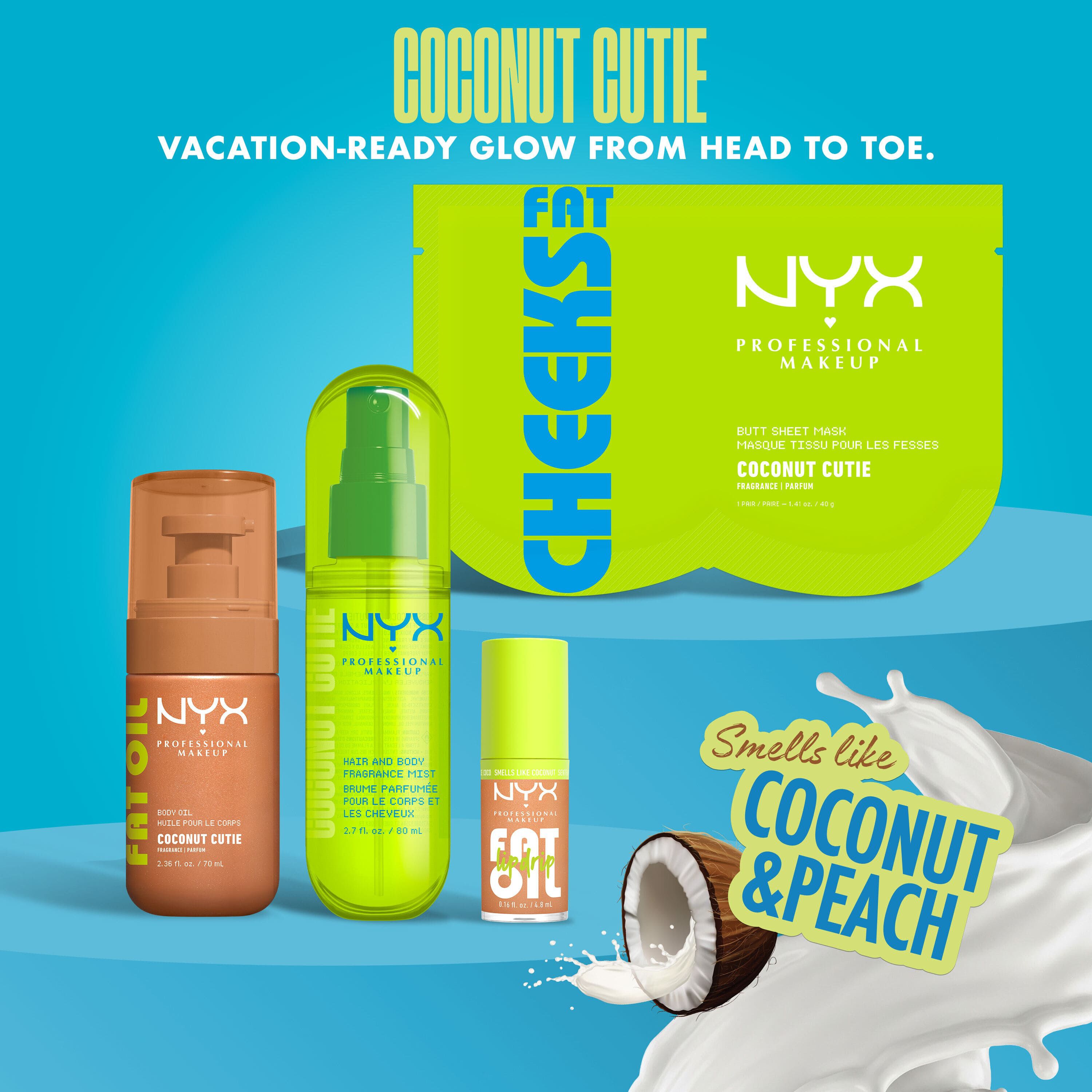 Smells like coconut & peach - NYX Professional Makeup Fat Oil Lip Drip and other Coconut Cutie products on teal blue background with coconut imagery.