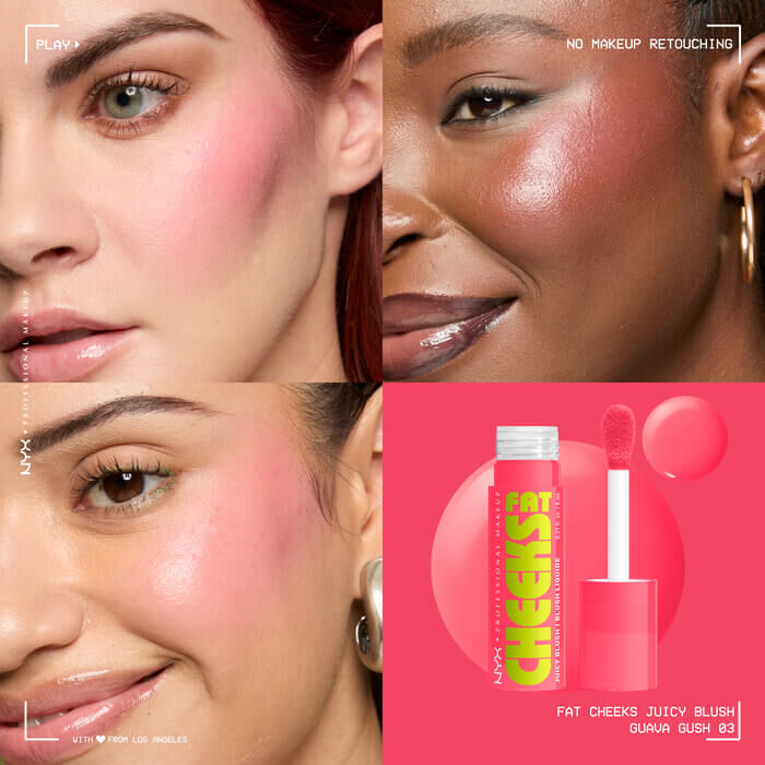Fat Cheeks Juicy Blush liquid blush in shade Guava Gush on three different models along with packshot of blush