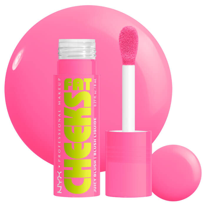 Fat Cheeks Liquid Blush in shade Dragon Fruit Drip, a vibrant pink shade, on white background with product swatch