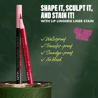 NYX Professional Makeup Lip Lingerie Lip Liner Stain in shade 13 Tied Up, shown with text describing waterproof, transfer-proof, smudge-proof, no-bleed, all-day wear benefits.