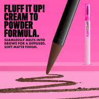 NYX Fluff and Snatch Brow Powder Pen with product swatch and benefits text on a pink background in shade 06 Brunette