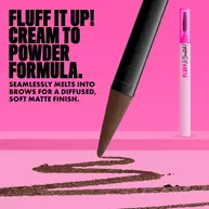 NYX Fluff and Snatch Brow Powder Pen with product swatch and benefits text on a pink background in shade 06 Brunette