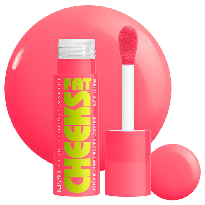 Fat Cheeks Liquid Blush in shade Guava Gush, a soft fuschia shade, on white background with product swatch