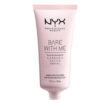 The Bare With Me Cannabis Primer by NYX Cosmetics. A cannabis sativa seed oil radiant perfecting primer with a light pink color on a white background. 