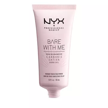 The Bare With Me Cannabis Primer by NYX Cosmetics. A cannabis sativa seed oil radiant perfecting primer with a light pink color on a white background. 
