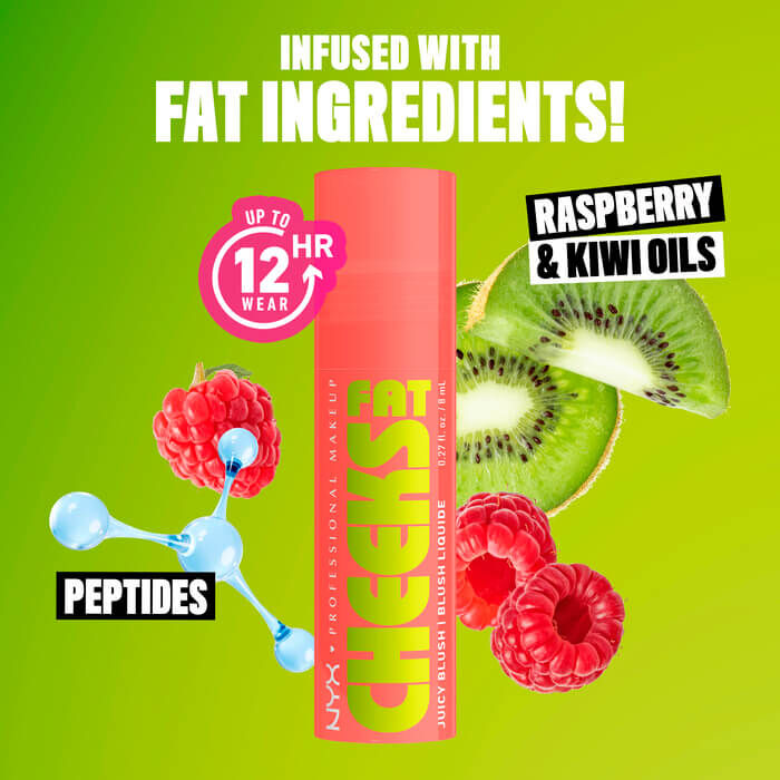 Fat Cheeks Juicy Blush with kiwis, raspberries, and artistic rendering of peptides to show hydrating ingredients