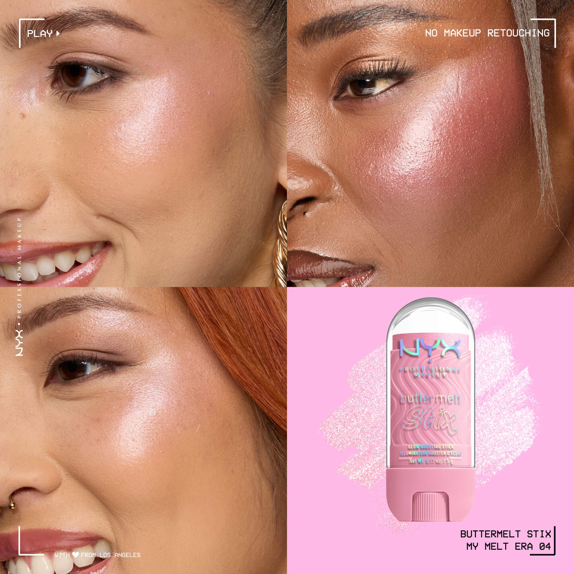 Three models with light, medium, and deep skin tones wearing NYX Buttermelt Stix My Melt Era 04, “No Makeup Retouching” text