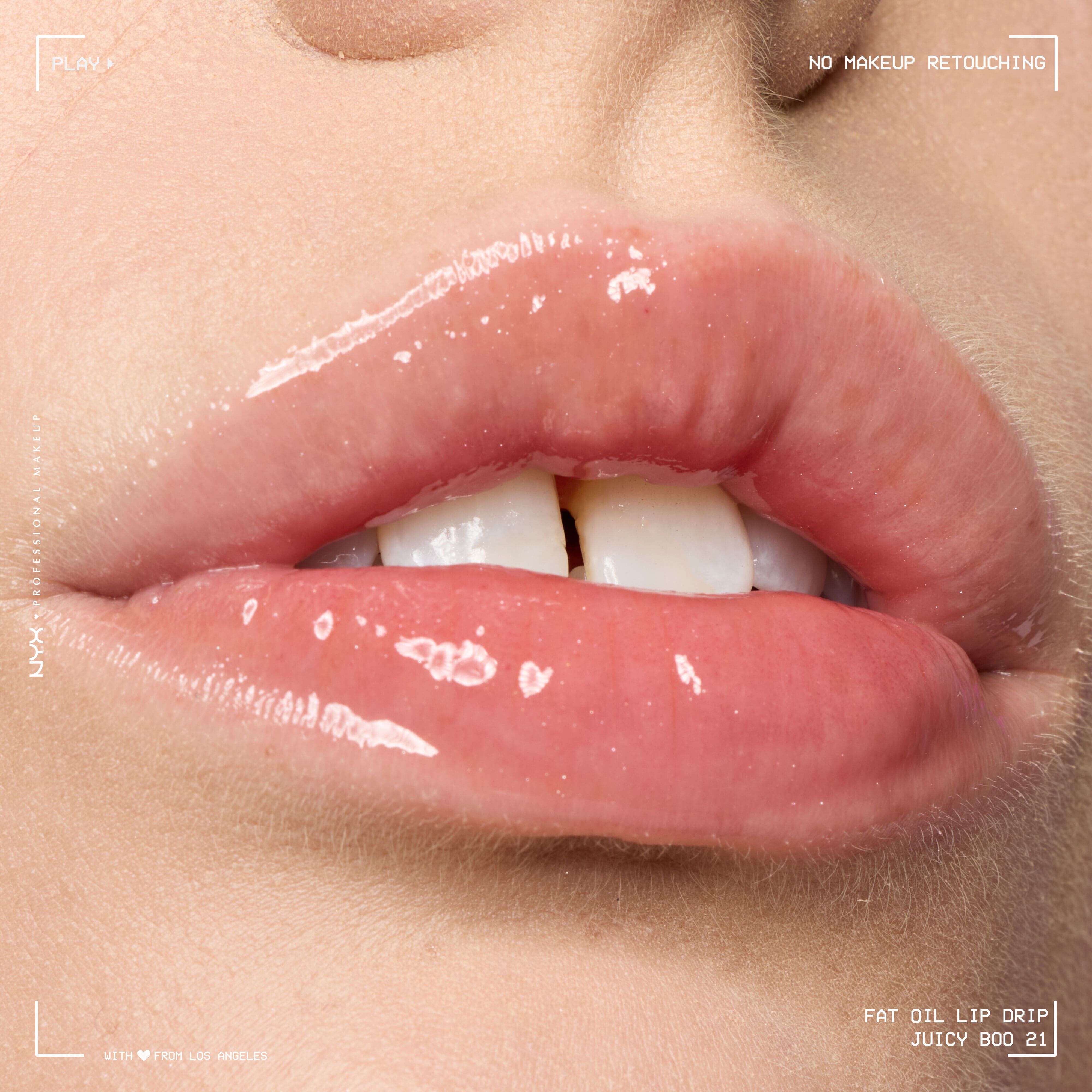 Close-up of glossy lips on fair skin tone wearing NYX Professional Makeup Fat Oil Lip Drip in Juicy Boo, showing high shine and hydrated natural texture.