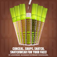 Sample of Wonder Snatch(TM) Concealer shades with text: "Conceal. Shape. Snatch. Snatchwear for your face! 23 longwear, buildable coverage concealers."