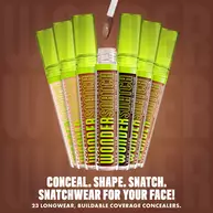Sample of Wonder Snatch(TM) Concealer shades with text: "Conceal. Shape. Snatch. Snatchwear for your face! 23 longwear, buildable coverage concealers."