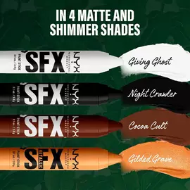 NYX Professional Makeup Party Animals SFX Face & Body Paint Sticks in six shades: white, black, brown, pink, metallic silver and metallic gold.