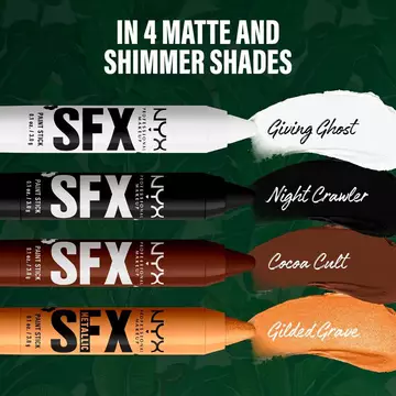 NYX Professional Makeup Party Animals SFX Face & Body Paint Sticks in six shades: white, black, brown, pink, metallic silver and metallic gold.