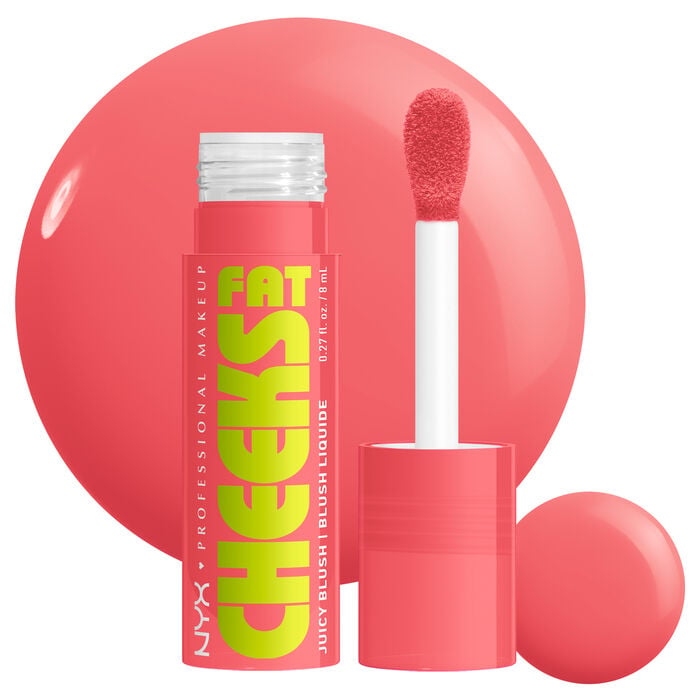 Fat Cheeks Liquid Blush in shade Fig Fizz, a soft pink-coral shade, on white background with product swatch
