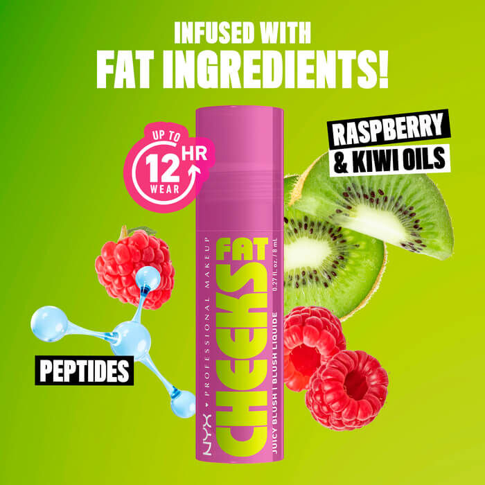 Fat Cheeks Juicy Blush with kiwis, raspberries, and artistic rendering of peptides to show hydrating ingredients