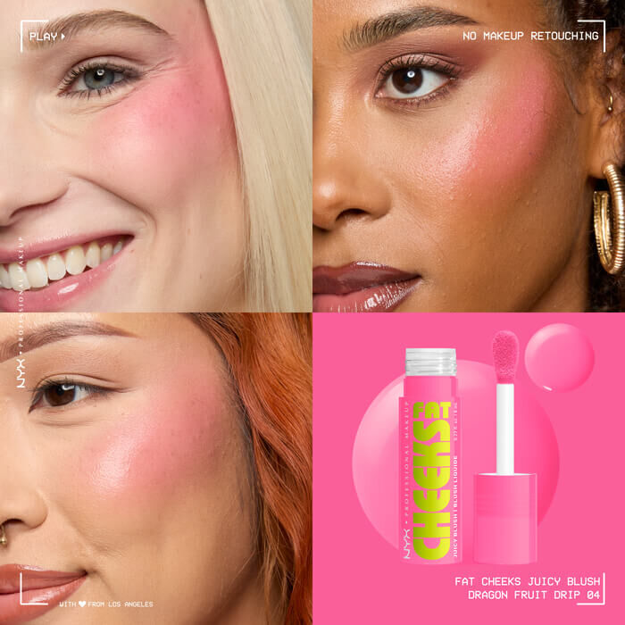 Fat Cheeks Juicy Blush liquid blush in shade Dragon Fruit Drip on three different models along with packshot of blush