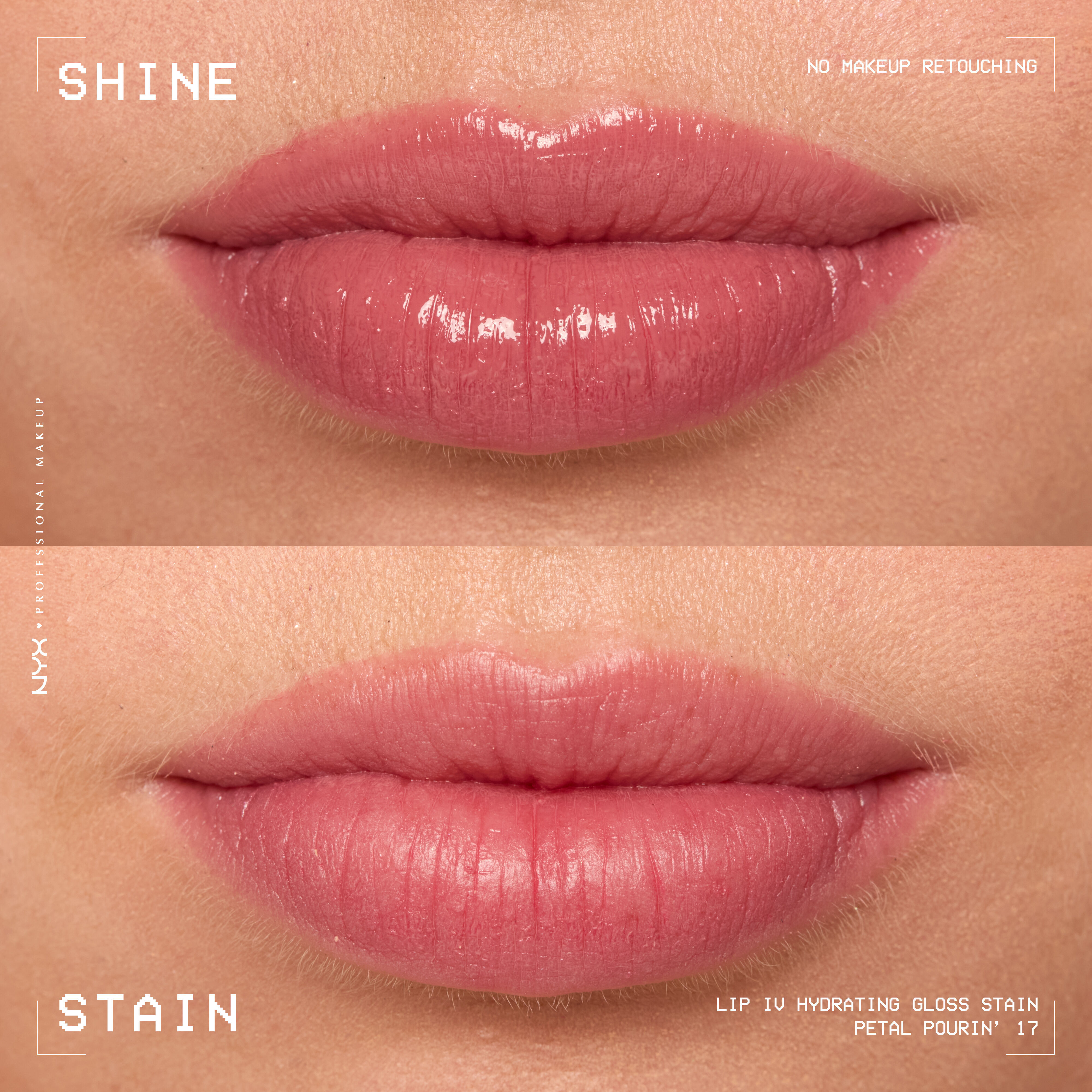 Comparison of lips when glossy from Lip I.V. Hydrating Lip Gloss Stain versus after staining labeled "Shine" and "Stain."