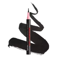 NYX Professional Makeup Lip Lingerie Lip Liner Stain in shade 13 Tied Up, upright pen with pink applicator cap over black lip liner swatches on a white background.