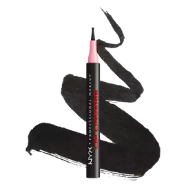 NYX Professional Makeup Lip Lingerie Lip Liner Stain in shade 13 Tied Up, upright pen with pink applicator cap over black lip liner swatches on a white background.
