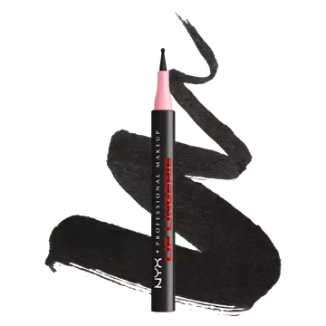 NYX Professional Makeup Lip Lingerie Lip Liner Stain in shade 13 Tied Up, upright pen with pink applicator cap over black lip liner swatches on a white background.
