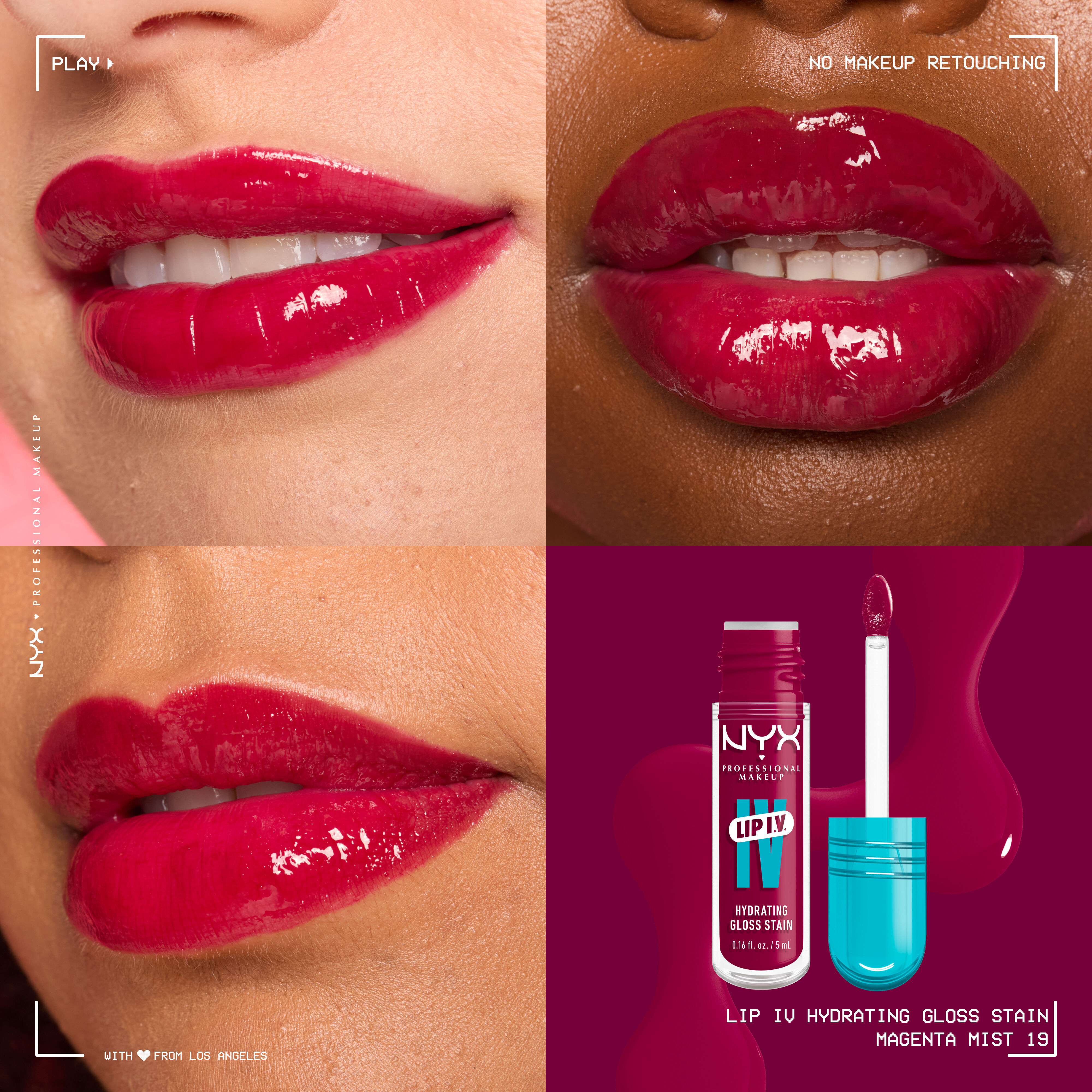 Lip I.V. Hydrating Lip Gloss Stain on three different skin tones.