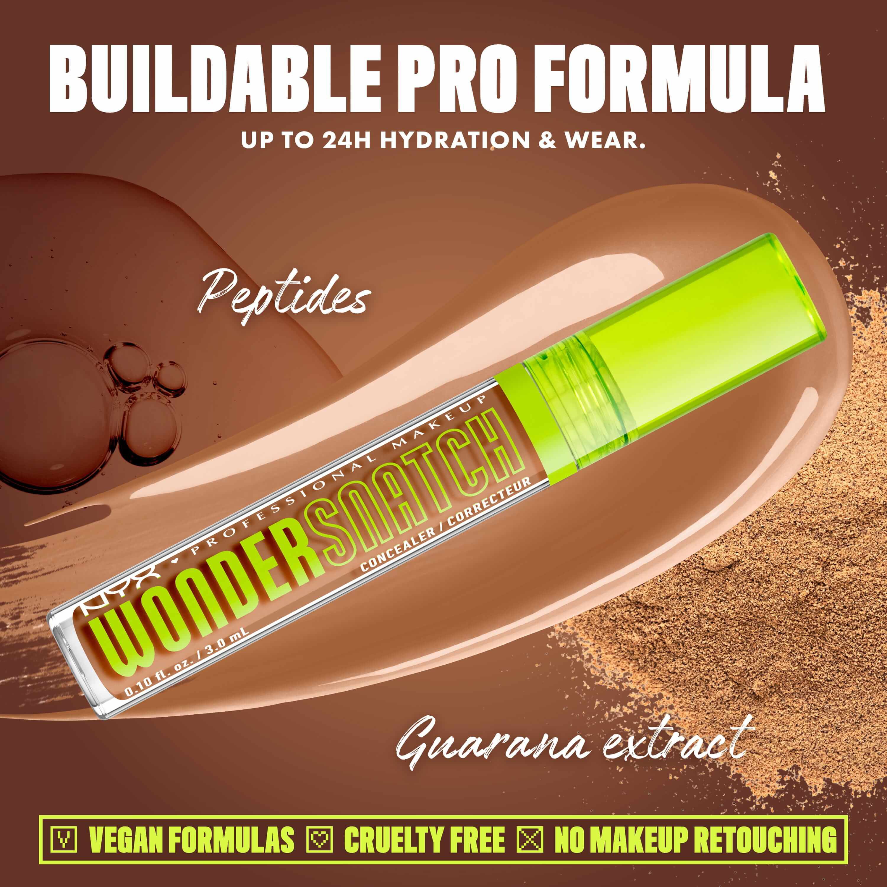 Wonder Snatch(TM) Concealer image with text: "Buildable Pro Formula. Up to 24H Hydration & Wear. Peptides. Guarana extract. Vegan Formulas. Cruelty Free. No Makeup Retouching."