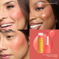 Fat Cheeks Juicy Blush liquid blush in shade Papaya Plump on three different models along with packshot of blush