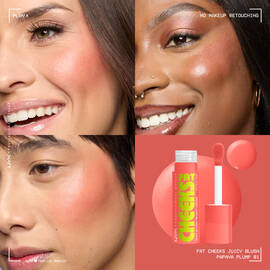 Fat Cheeks Juicy Blush liquid blush in shade Papaya Plump on three different models along with packshot of blush