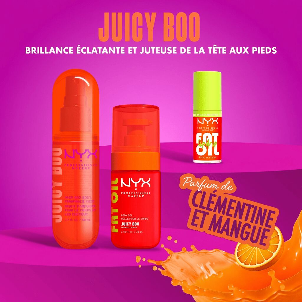 NYX Professional Makeup Fat Oil Juicy Boo collection product shot on purple background showing Fat Oil Lip Drip lip gloss and other Juicy Boo products with clementine and mango scent.