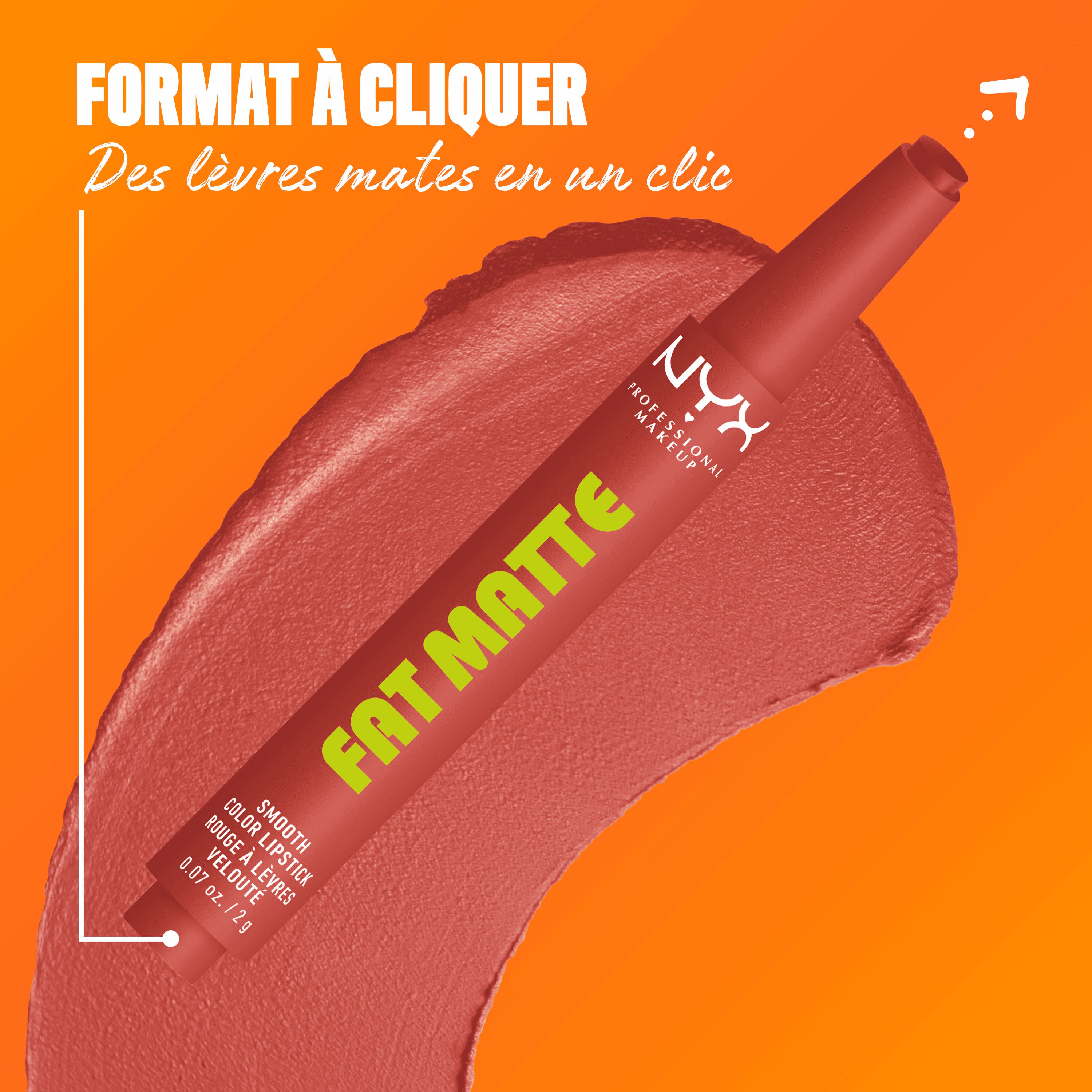 NYX Professional Makeup Fat Matte Smooth Color Lipstick in deep rose shade Mauve Cloud, showing the click-pen applicator format and shade swatch, highlighting easy, mess-free matte lipstick application.